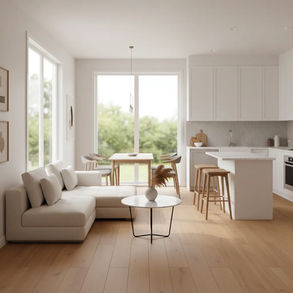 Open concept living dining kitchen in compact three bedroom home