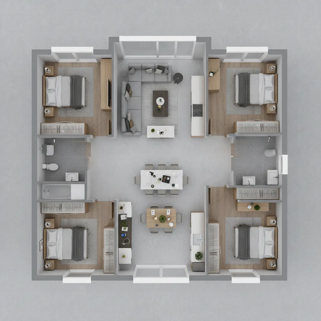planta compacta de casa com três quartos bem distribuídos