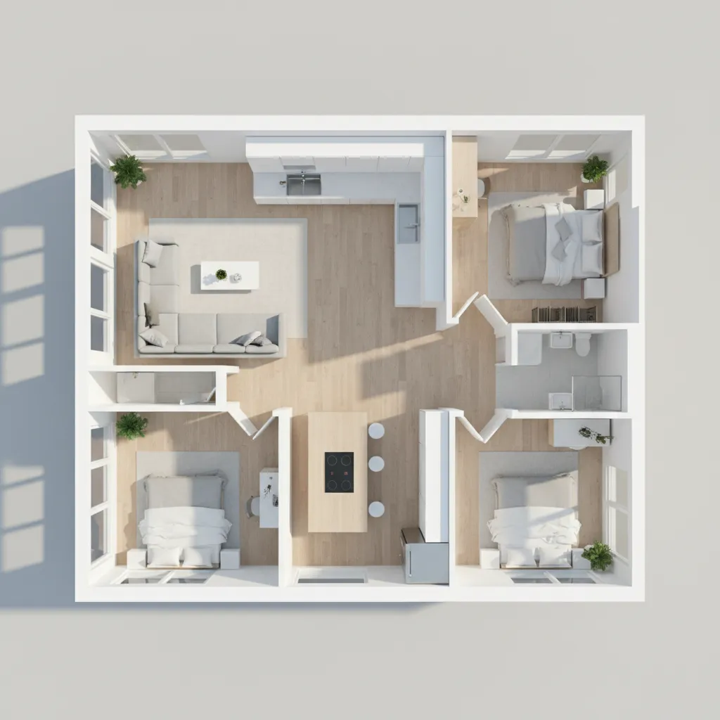 compact three bedroom house interior layout showing efficient space planning