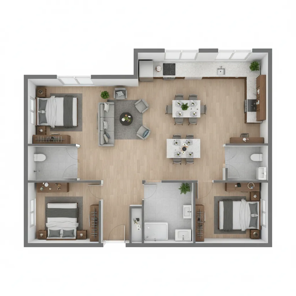 Compact 3BHK apartment layout fitting three bedrooms within a 1000 sq ft floor plan