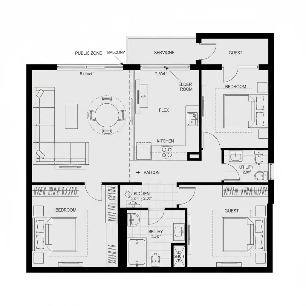 Top-down CAD plan of compact 3BHK with dual-use flex room