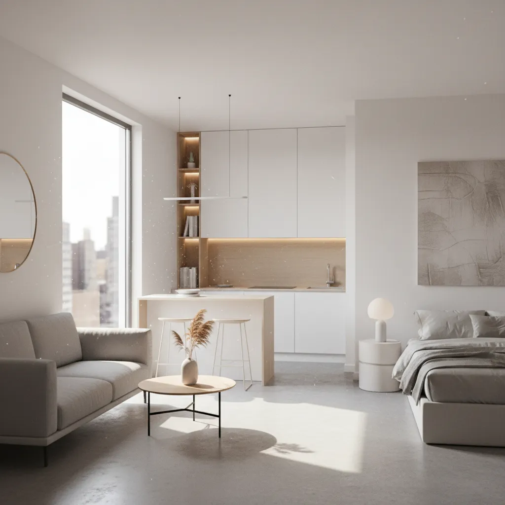 bright compact 490 sq ft apartment interior with living area and window