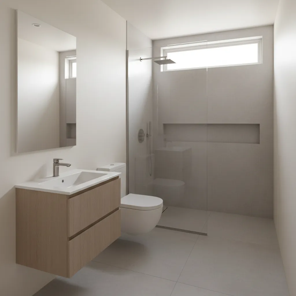 Compact 4x6 bathroom layout with floating vanity and shower