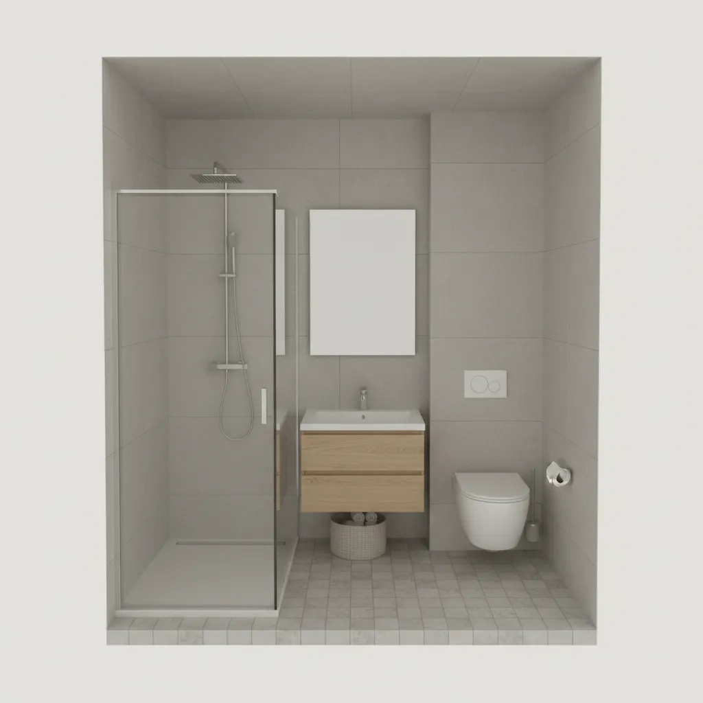compact 6x10 bathroom layout with shower toilet and vanity arranged along a wet wall