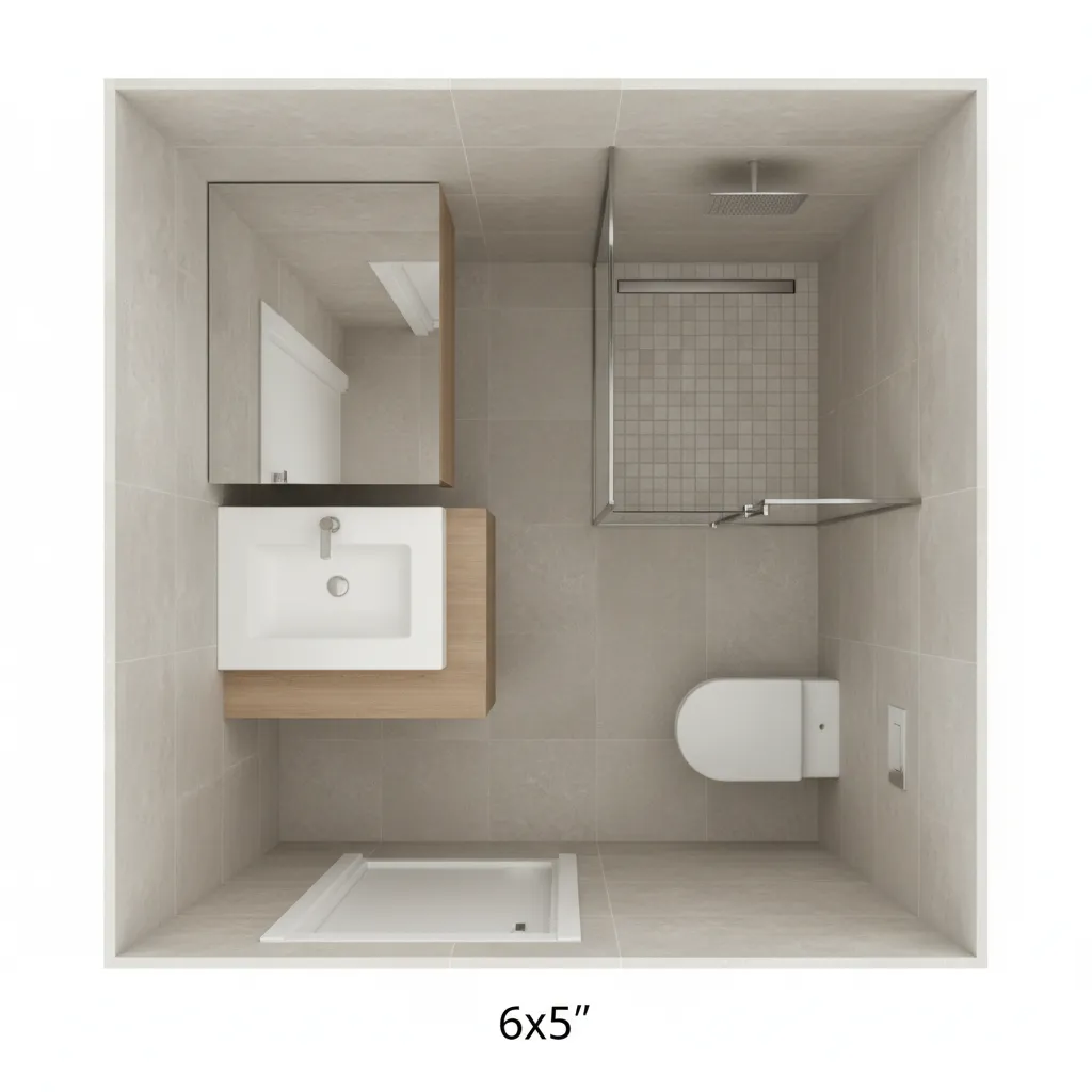Compact 6x5 bathroom layout with shower toilet and floating vanity