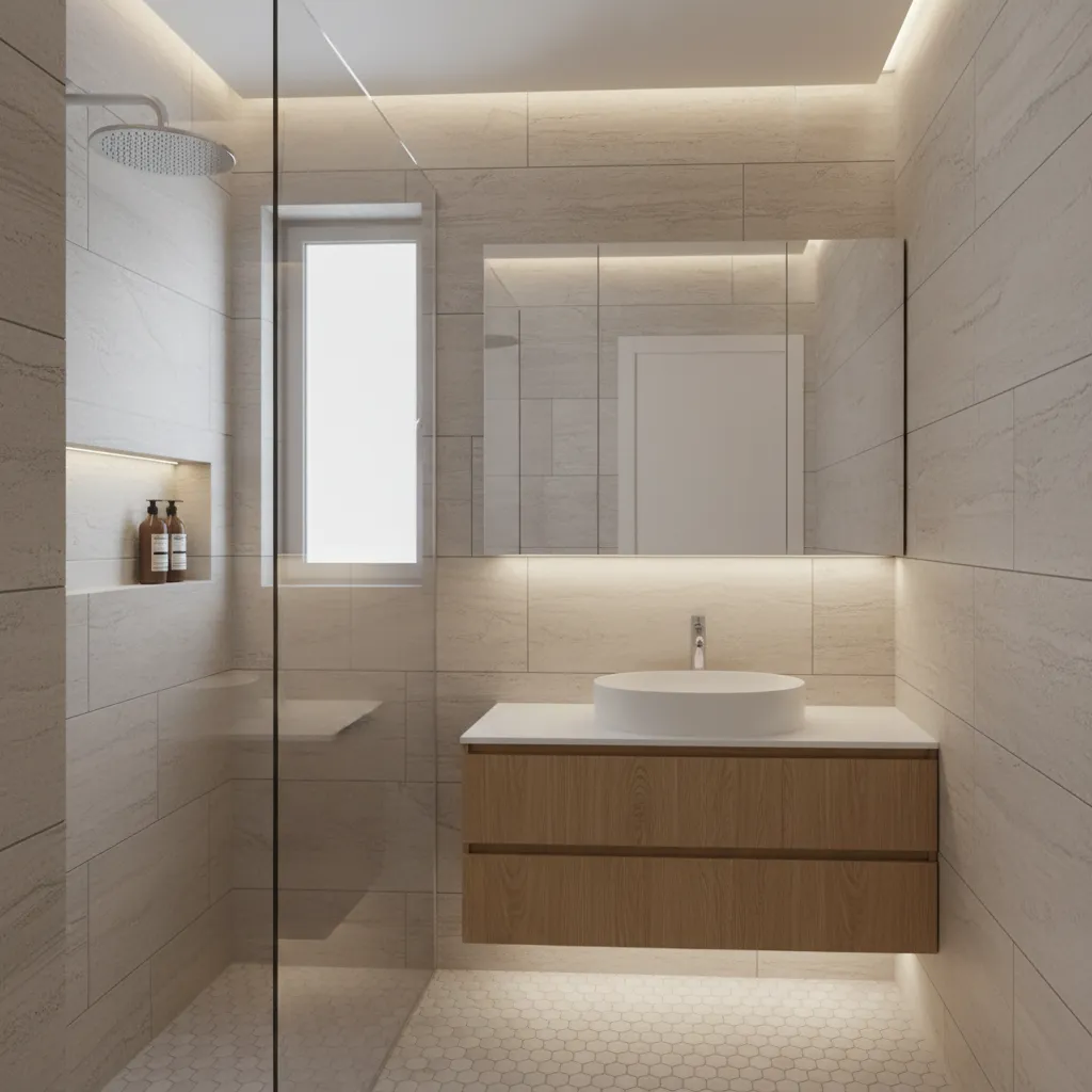 small 6x5 bathroom with wall mounted vanity and storage niche