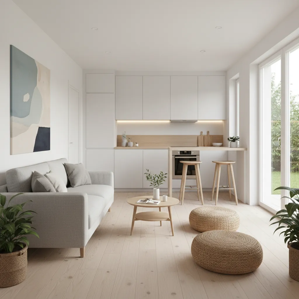 Open living and kitchen layout inside a 710 sq ft modern house