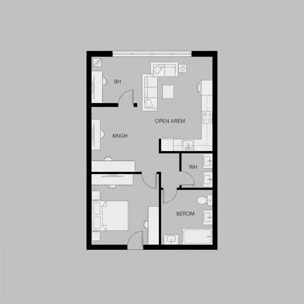 Architectural floor plan showing efficient 720 sq ft home layout with open living zone