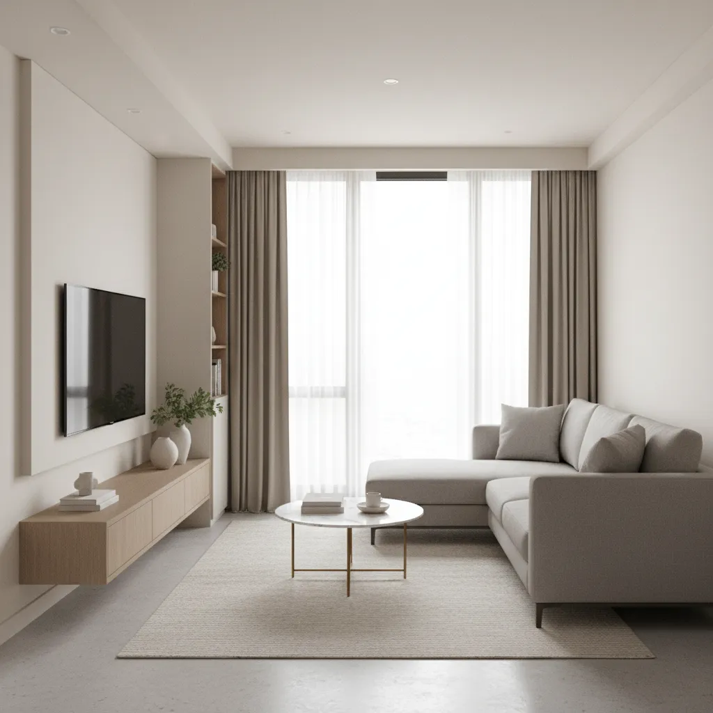 Compact 750 sq ft living room layout with efficient furniture placement