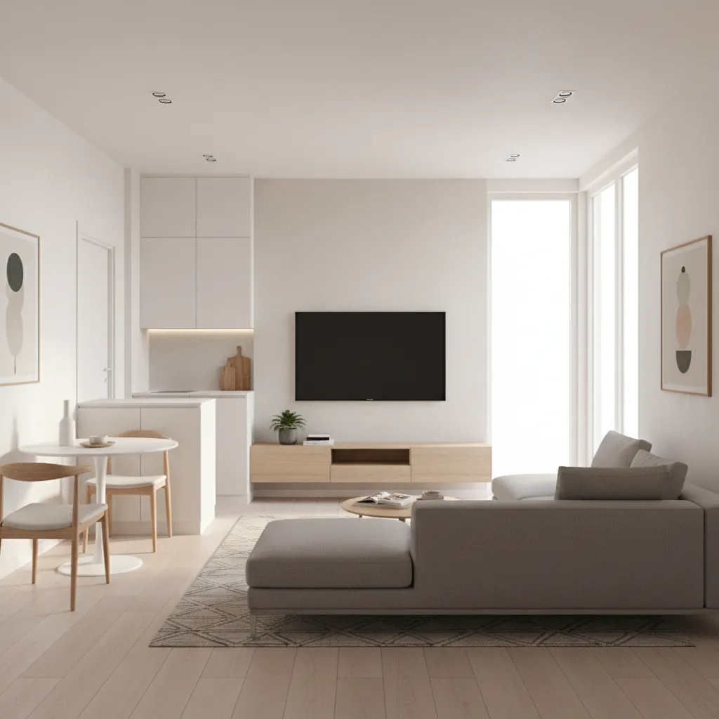 Open living area inside an 800 sq ft home showing compact furniture and efficient layout