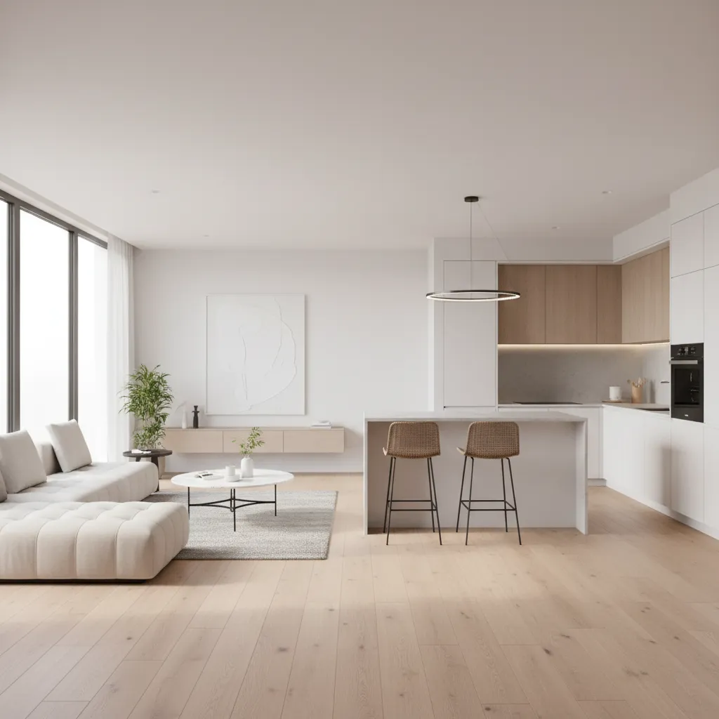 Open concept interior of a 990 sq ft home showing living room and kitchen layout