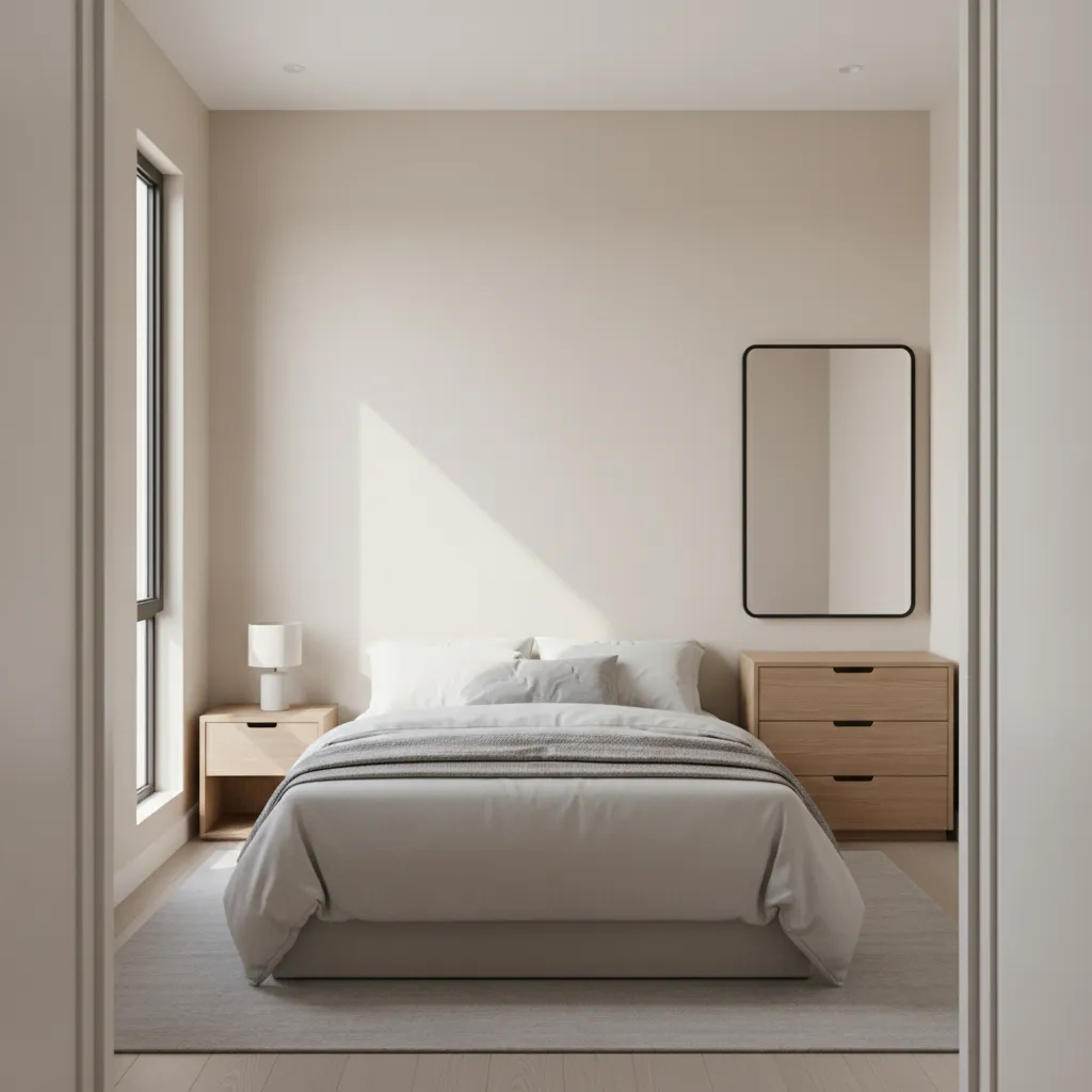 small 9x11 bedroom interior with bed and minimal furniture layout