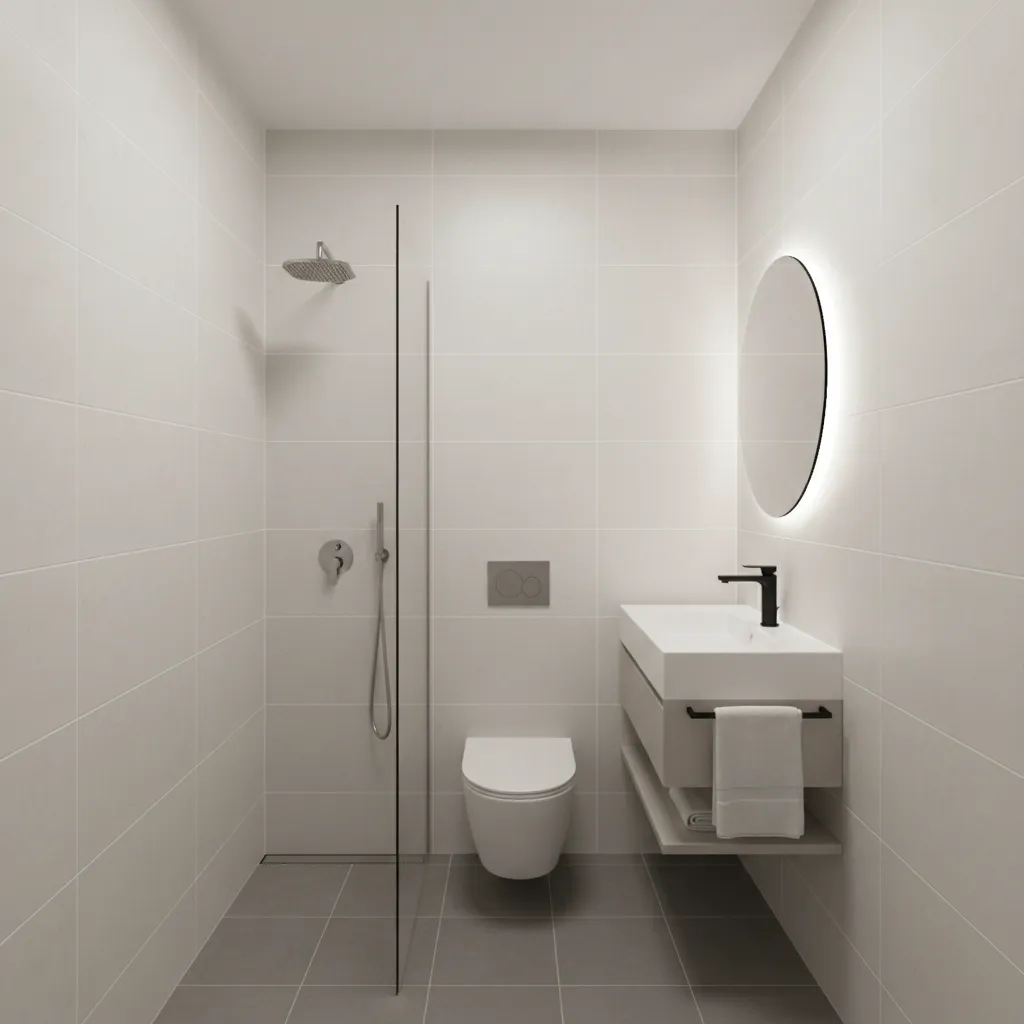 Overview of a narrow 9x5 bathroom layout with smart storage solutions