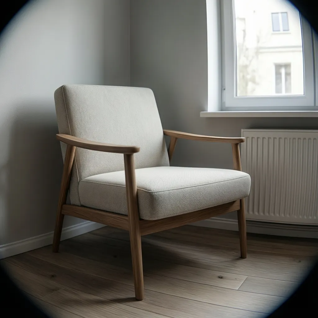 compact accent chair with slim arms and raised legs in small apartment