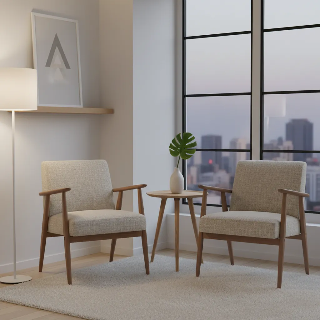 Two wooden chairs with a small round side table and city view through large windows