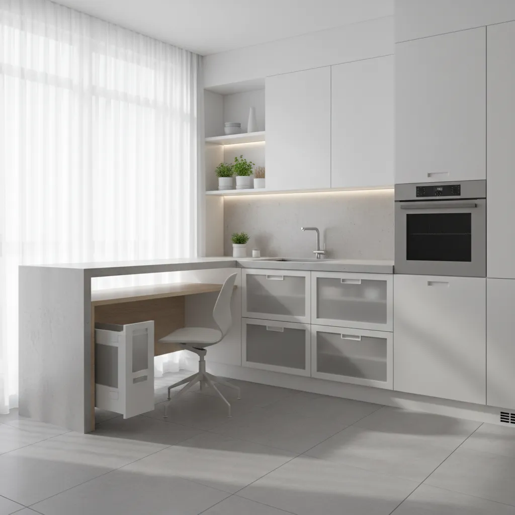 Modern white kitchen with a lower desk white chair cabinets oven and large window curtains