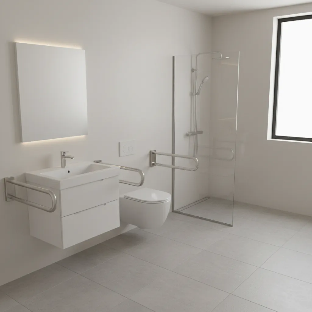 compact accessible bathroom with floating sink and toilet grab bars
