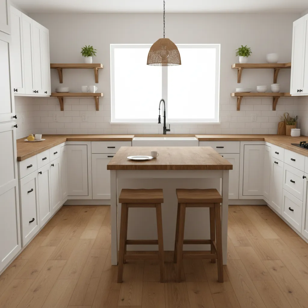 Cocina compacta en una casa americana pequeña con almacenamiento eficiente