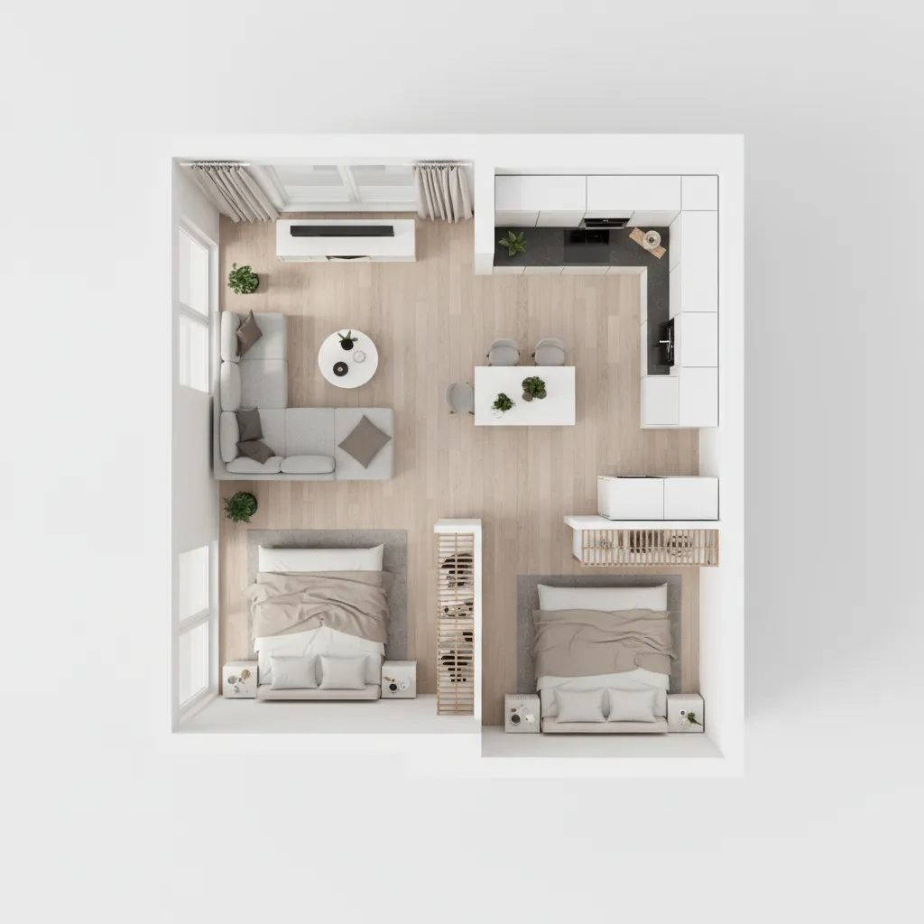 Compact apartment layout optimized by AI for small space living