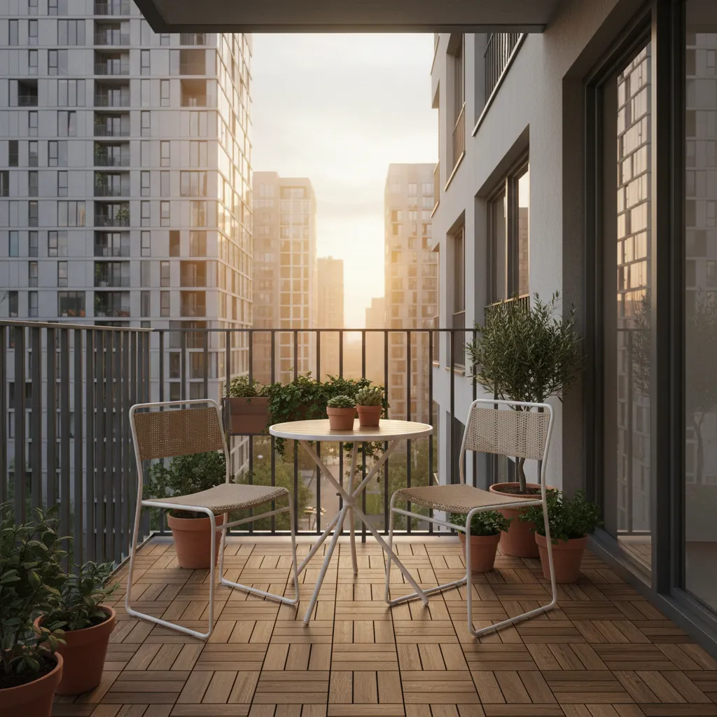 small apartment balcony with compact seating and plants
