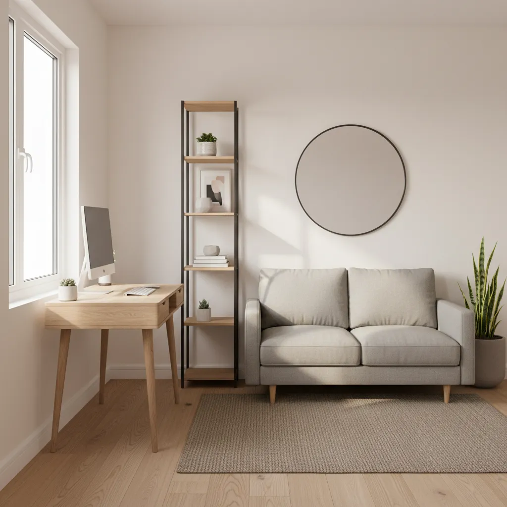 compact apartment den layout with desk shelving and sofa