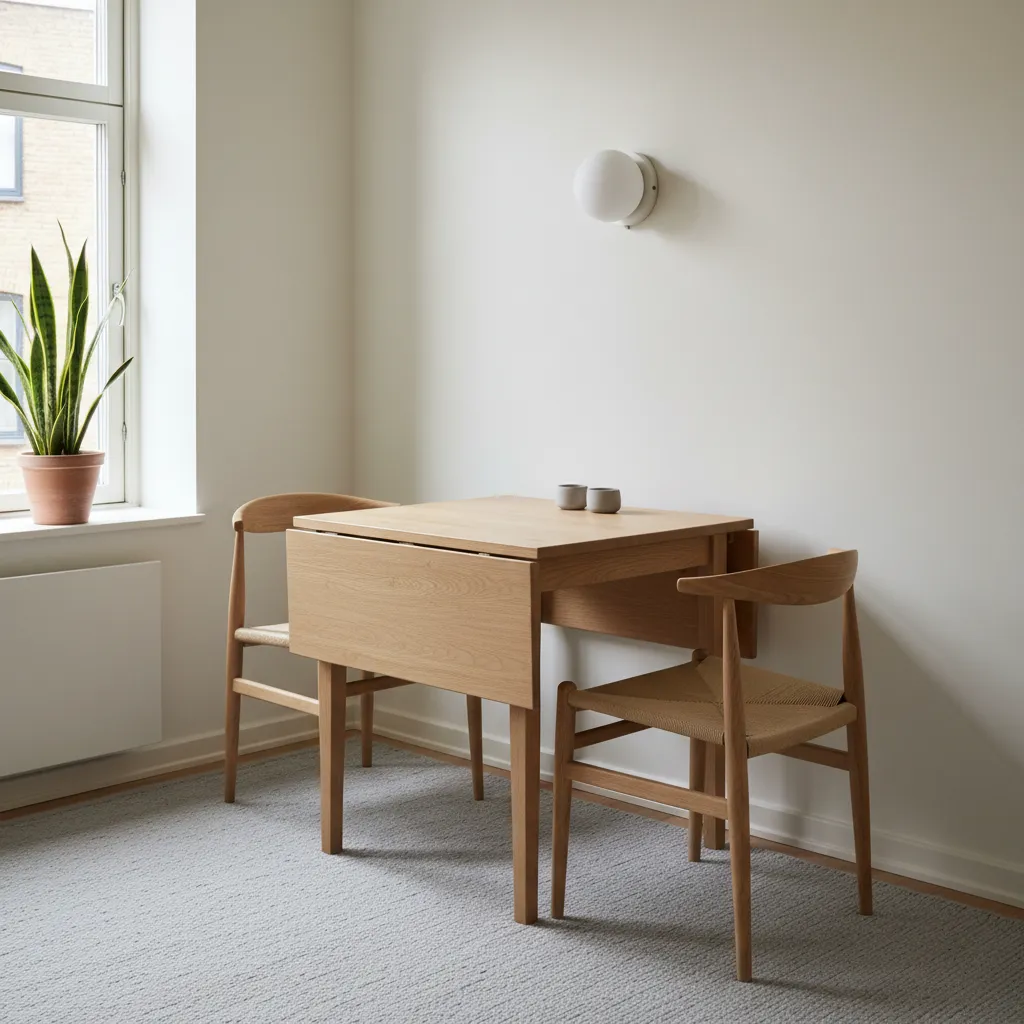Small apartment dining space with a drop leaf table folded against the wall