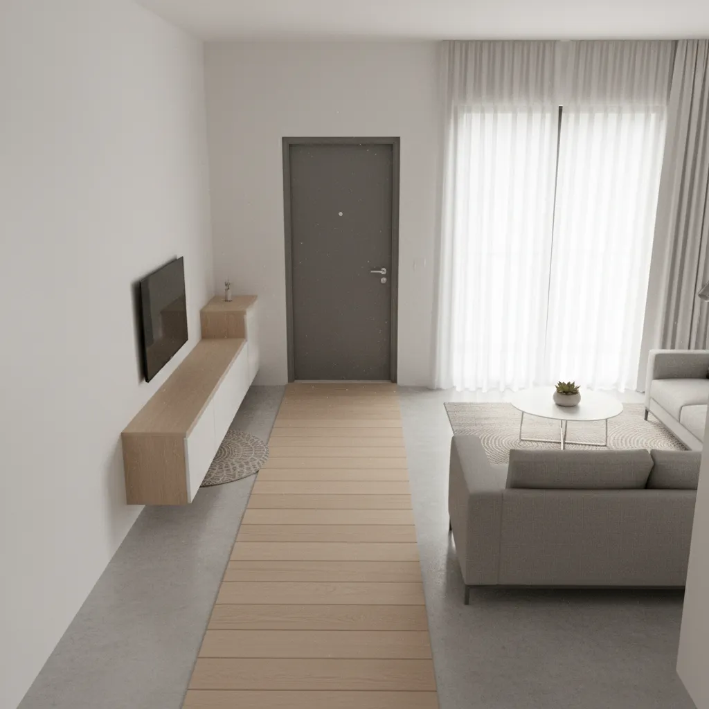 Small apartment interior showing a clear evacuation path toward the exit door