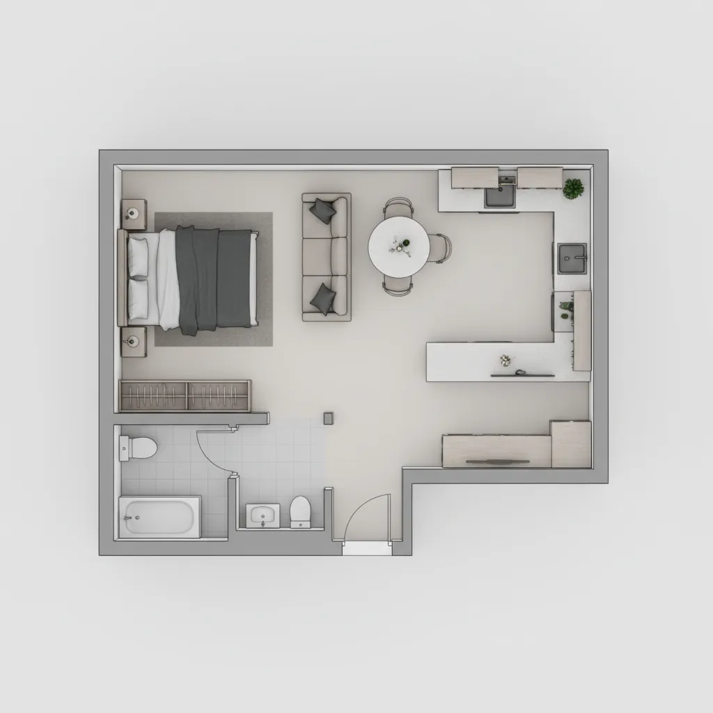 Digital floor plan of a small studio apartment layout with furniture placement