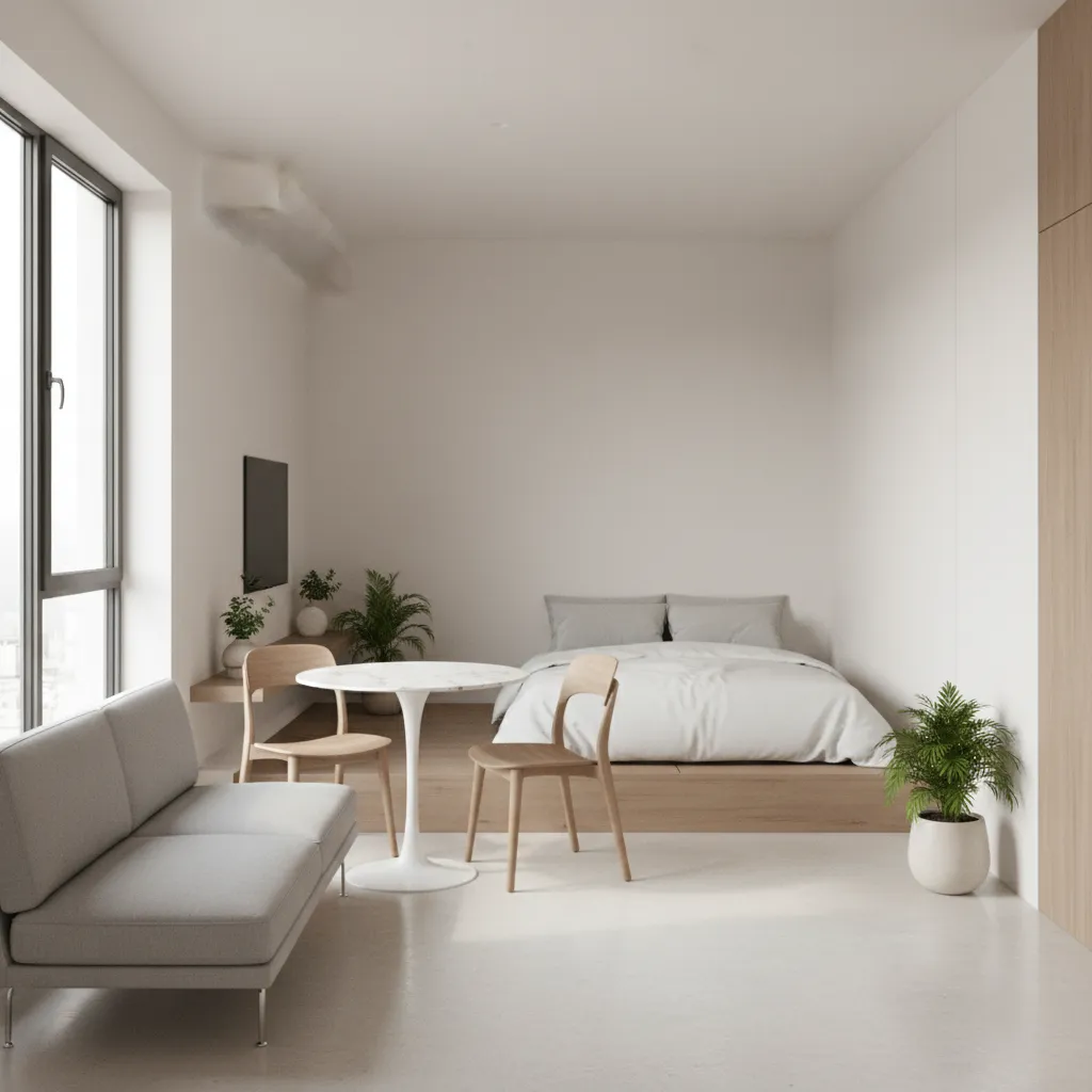 Compact sofa dining table and bed layout for small apartment