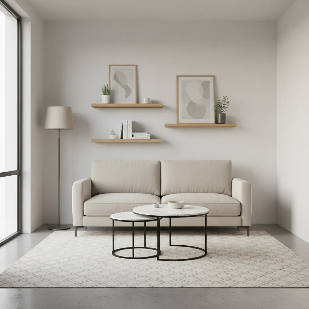 Compact furniture setup for small apartment living room including loveseat and nesting tables