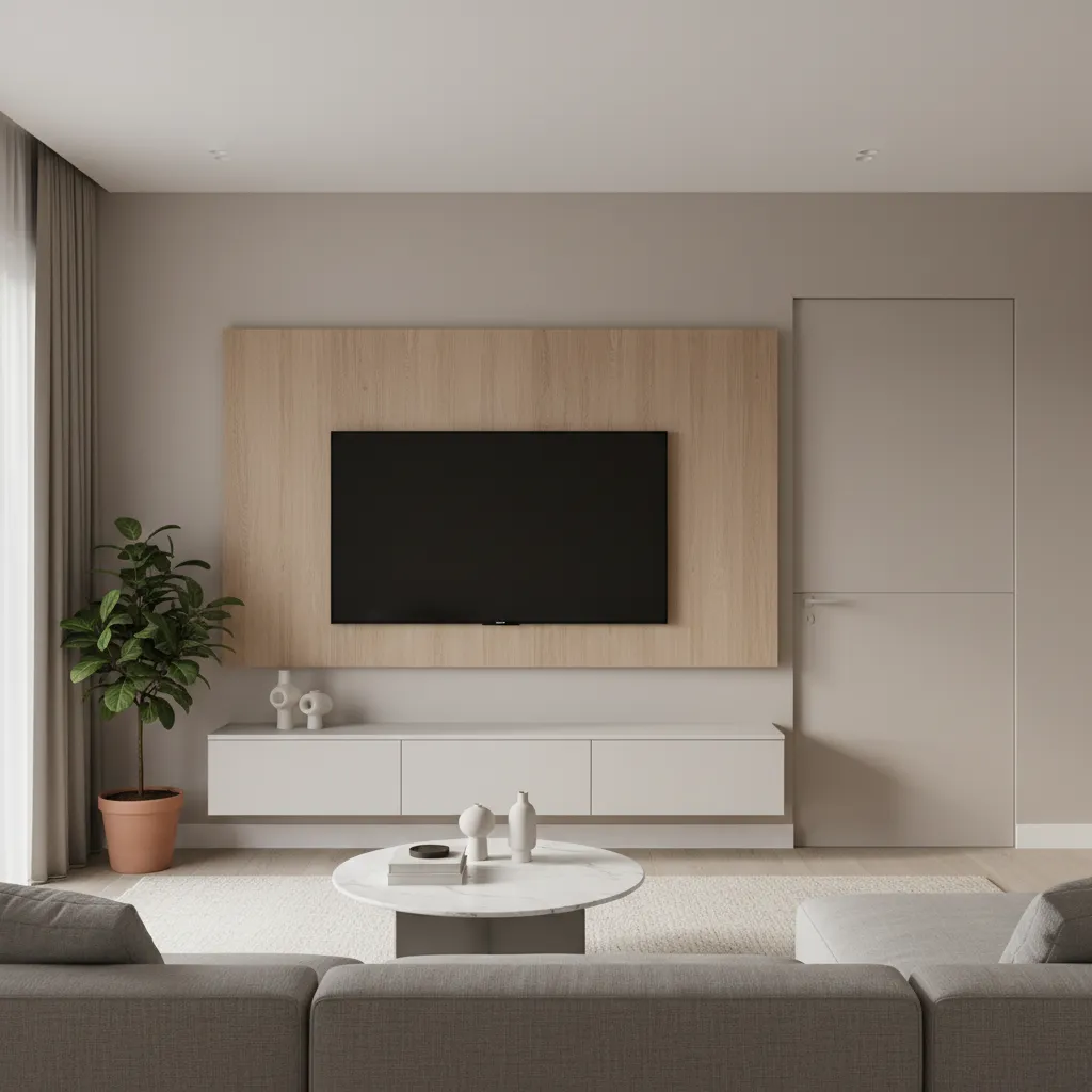 Compact apartment layout with concealed bathroom door behind media wall