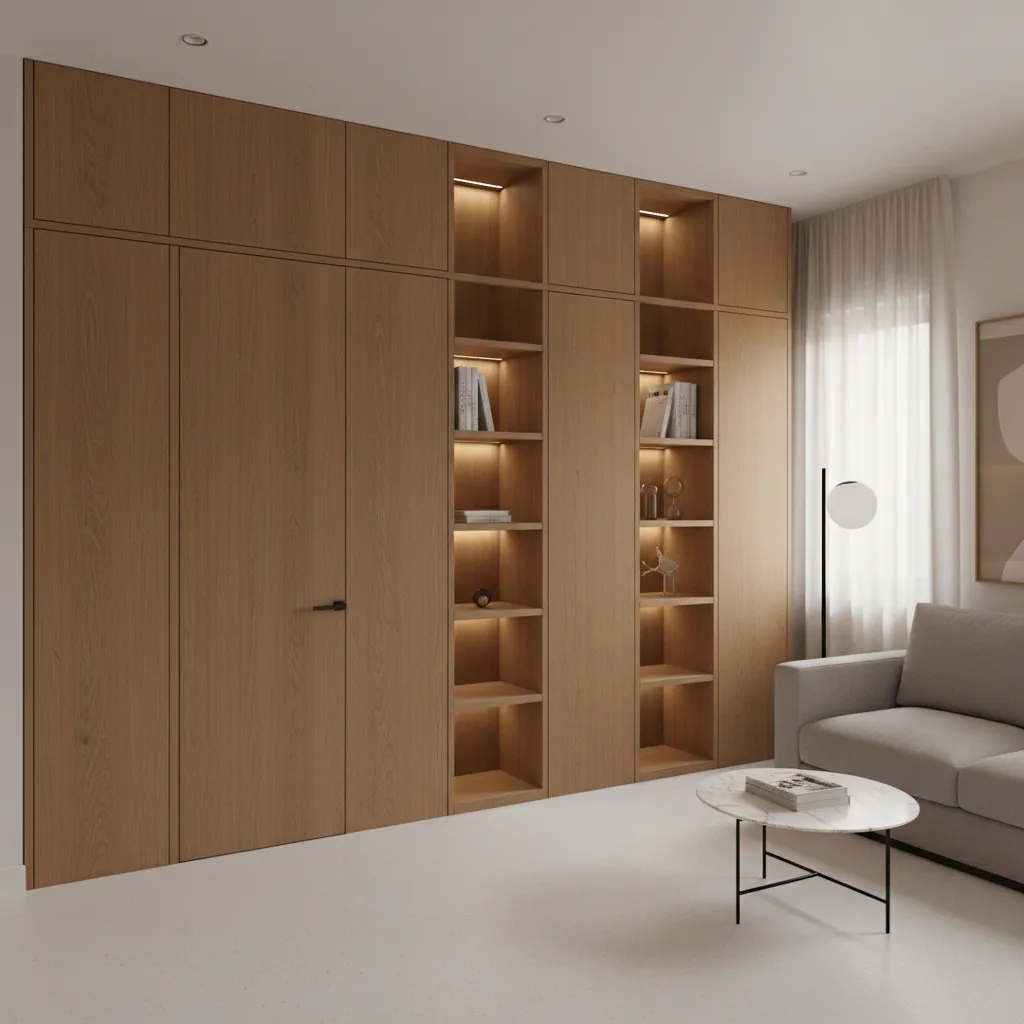 Hidden flush door integrated into storage wall in compact apartment