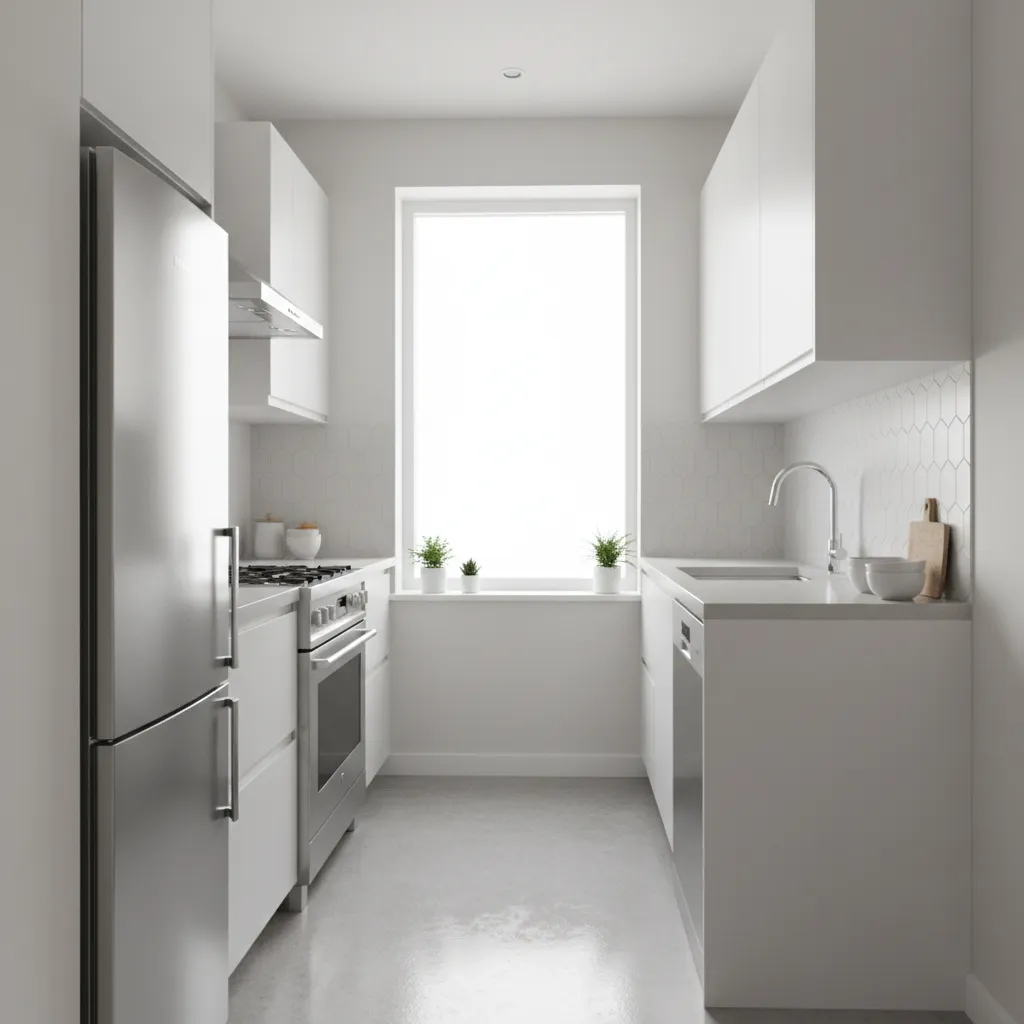 Small apartment kitchen with compact appliances and narrow layout