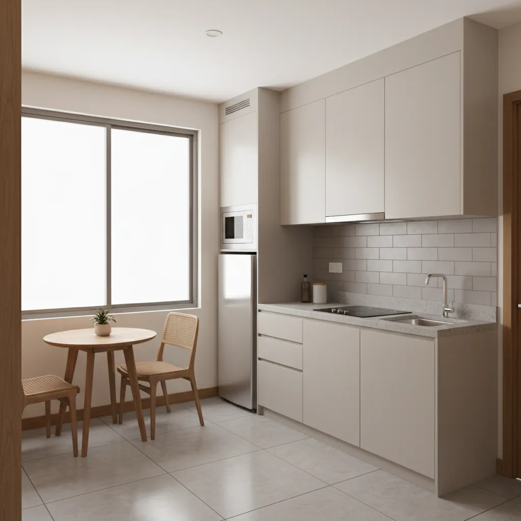 Small apartment kitchen layout with modular cabinets and limited counter space