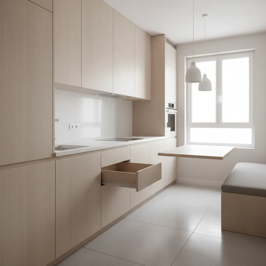 Small modern apartment kitchen with a hidden pull out dining table