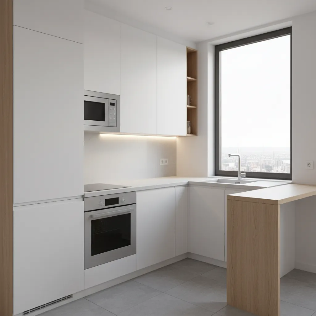 Small apartment kitchen with light cabinets and efficient layout