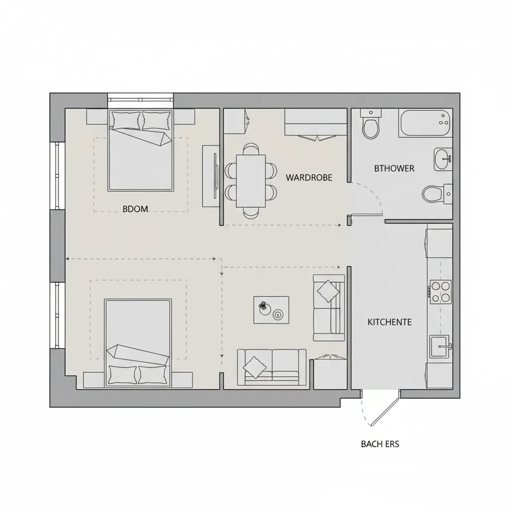 2D layout diagram of a compact studio apartment showing furniture placement