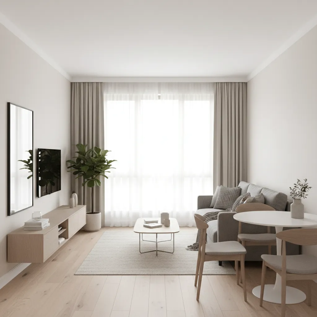 Compact studio apartment living area with sofa bed and minimal layout
