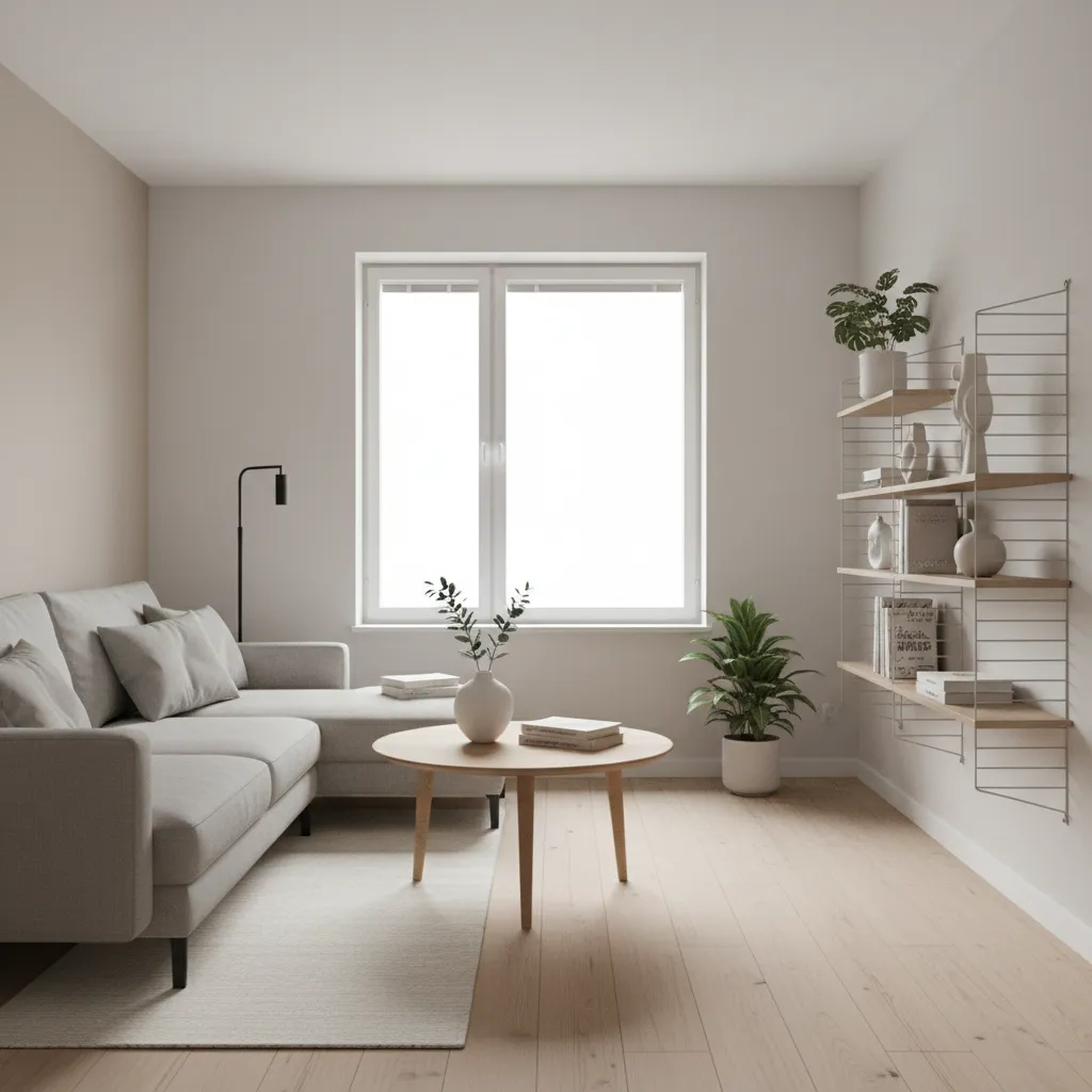 Small apartment living room layout with sofa, coffee table and open walkway