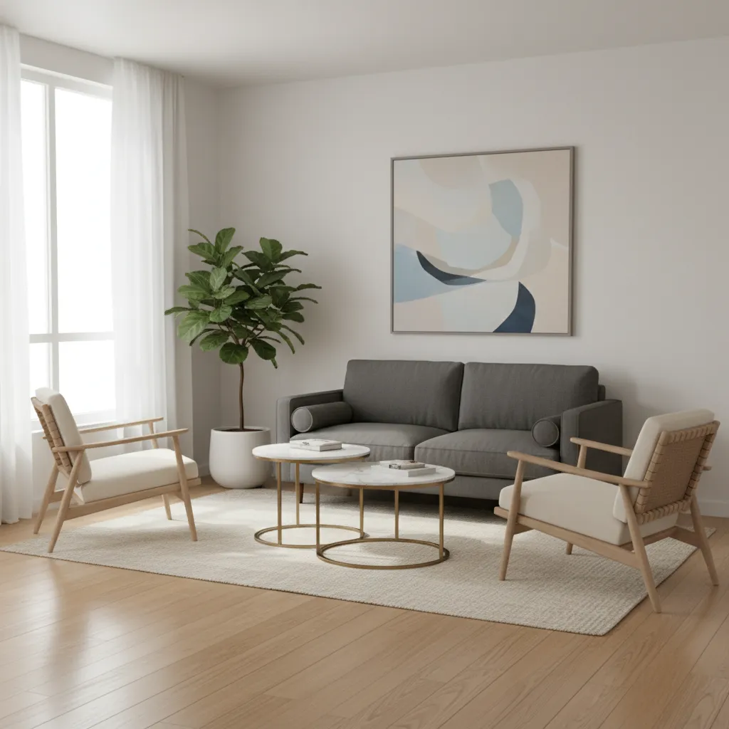 compact apartment living room layout with loveseat and two chairs