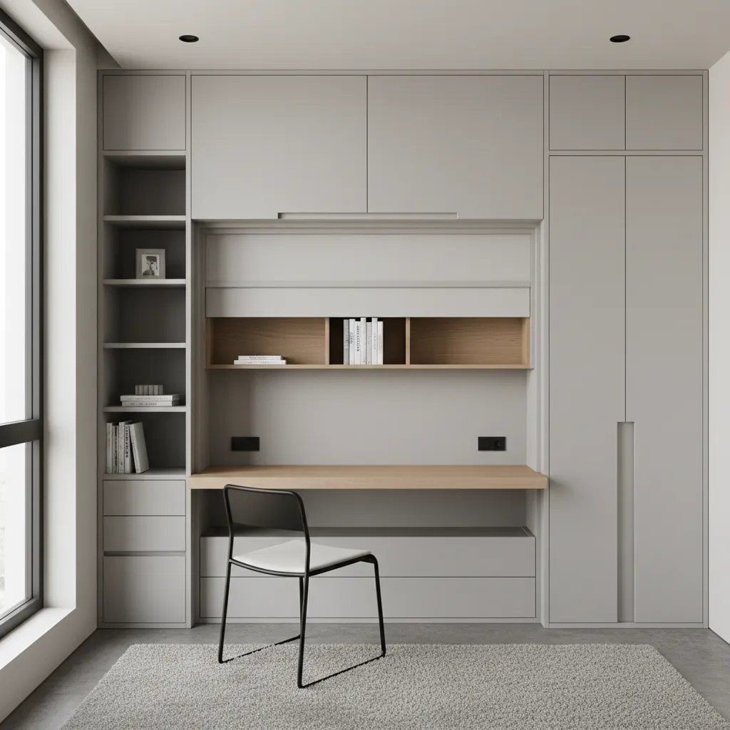 Minimalist grey room with a large wall cabinet, small desk, shelving, and one black chair