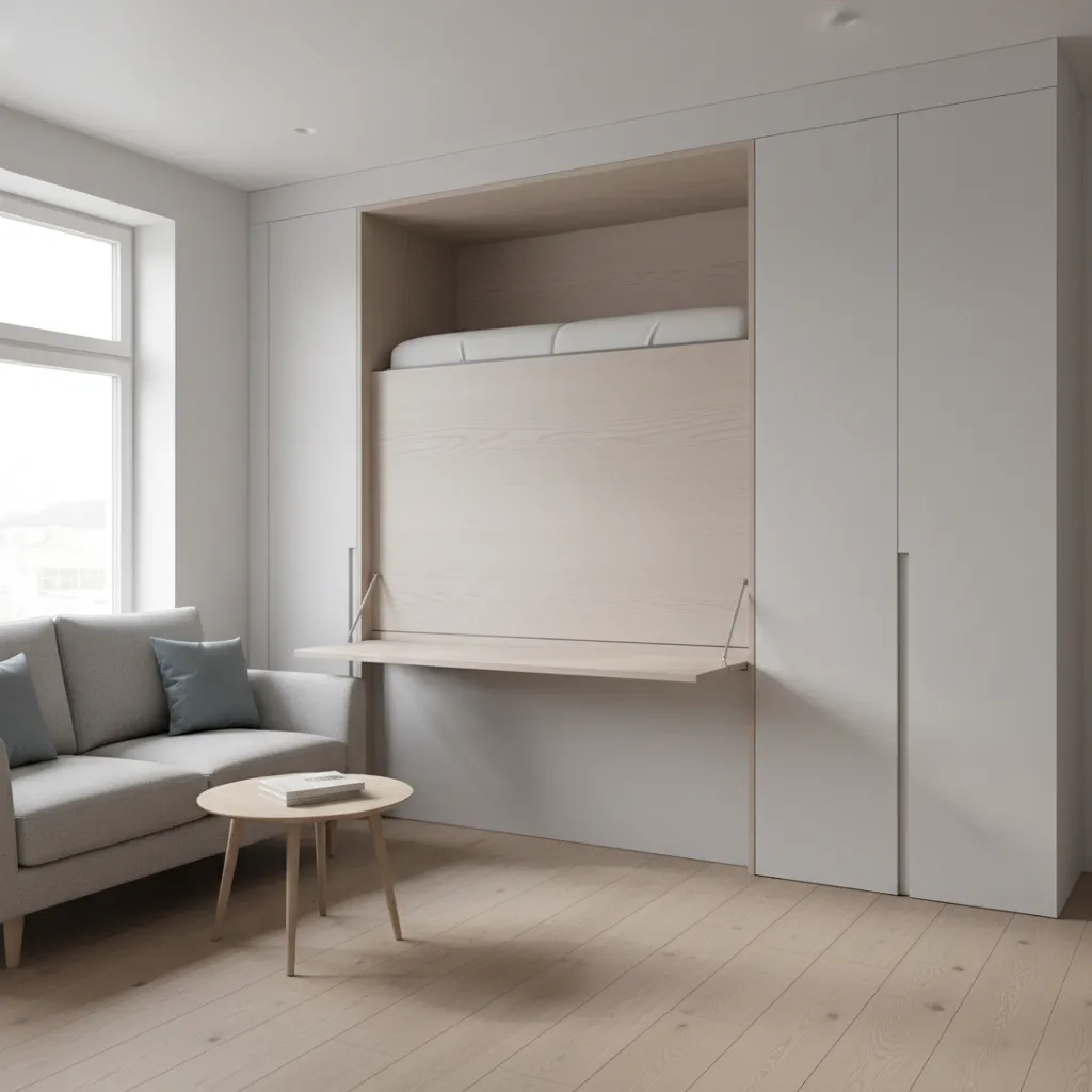 Tall multifunction furniture and foldable desk inside a compact studio apartment