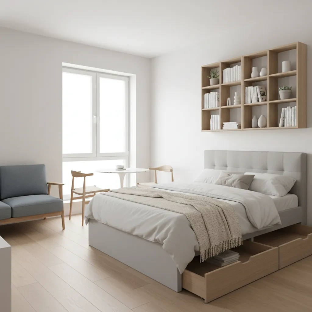 Small apartment with multifunctional furniture and storage solutions