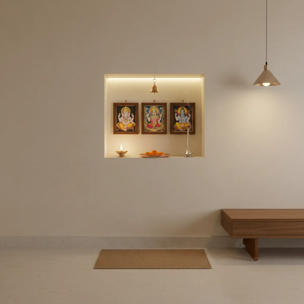 Small apartment pooja corner with framed god photos and diya