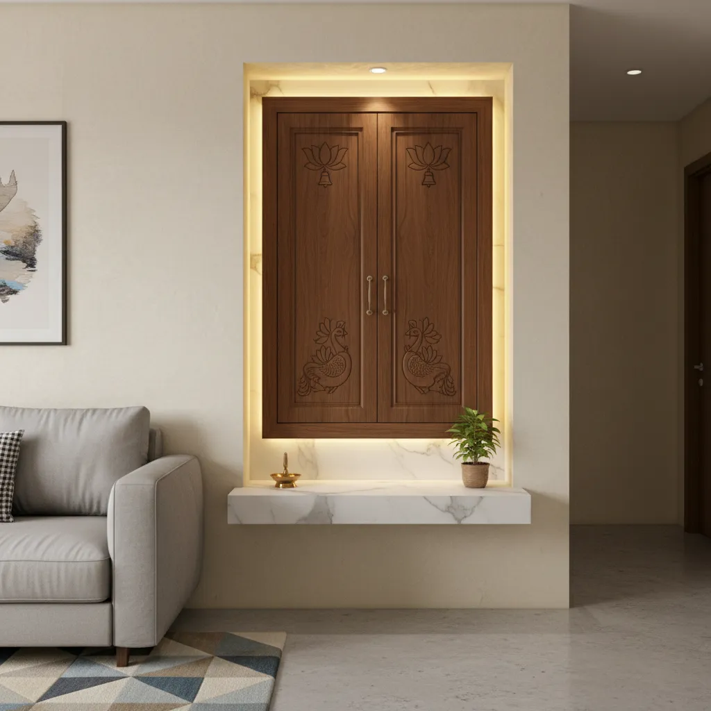 Compact apartment pooja room cabinet integrated into living space