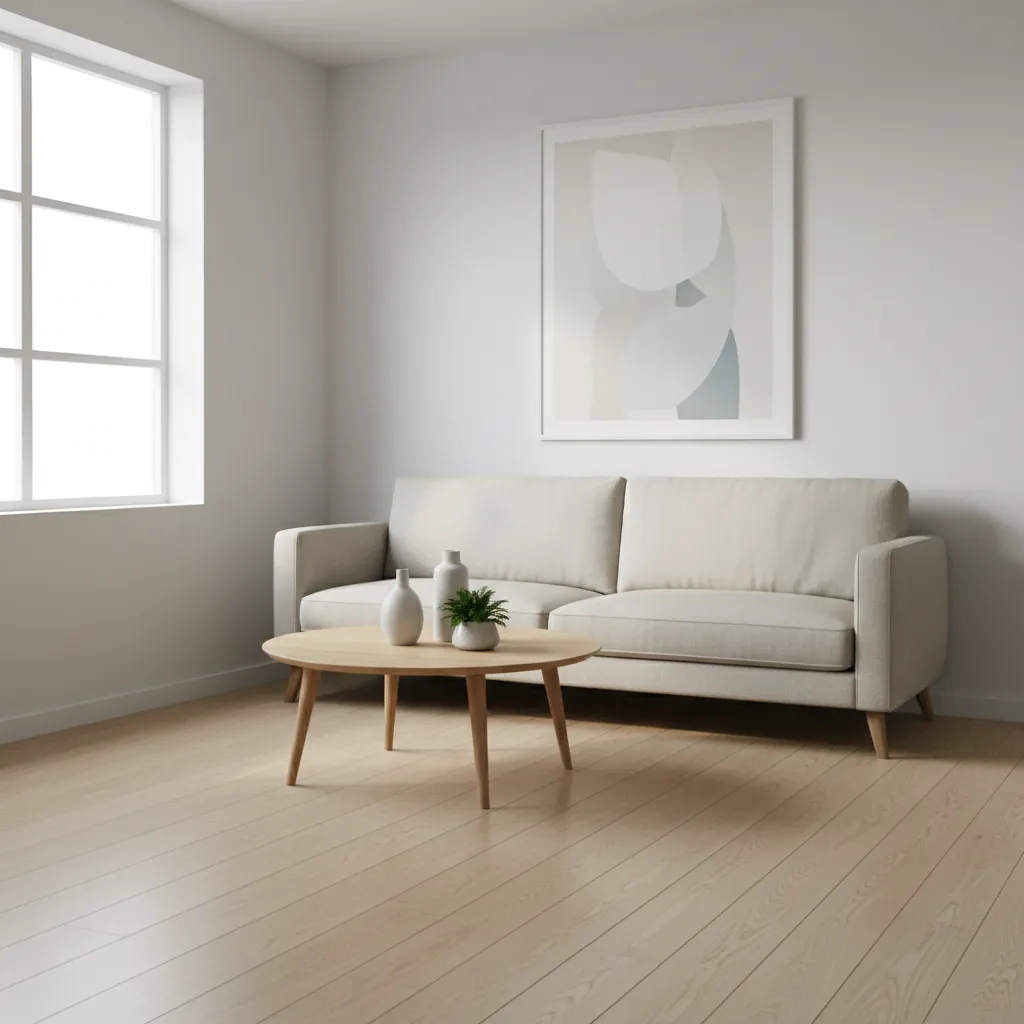 Compact apartment living room with slim sofa and minimalist decor