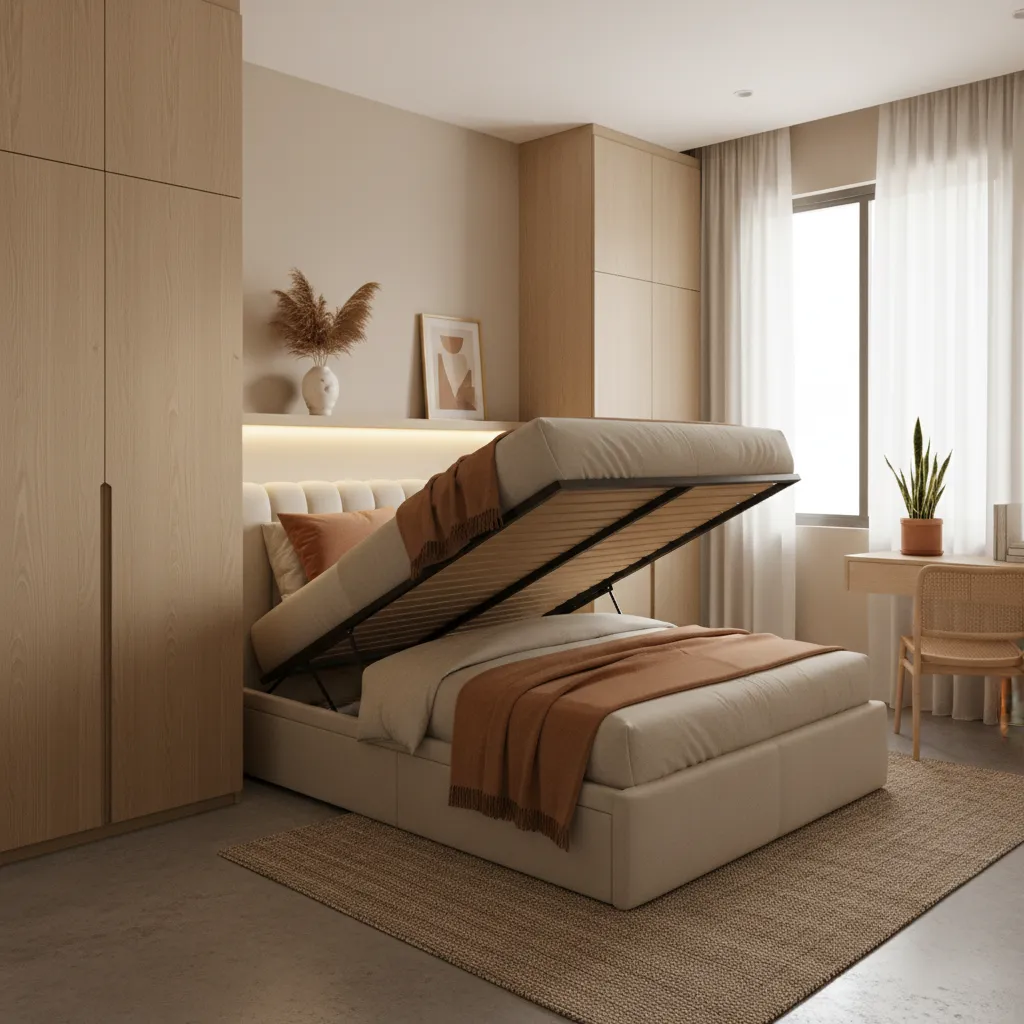 Bedroom with floor to ceiling wardrobe and storage bed in compact apartment