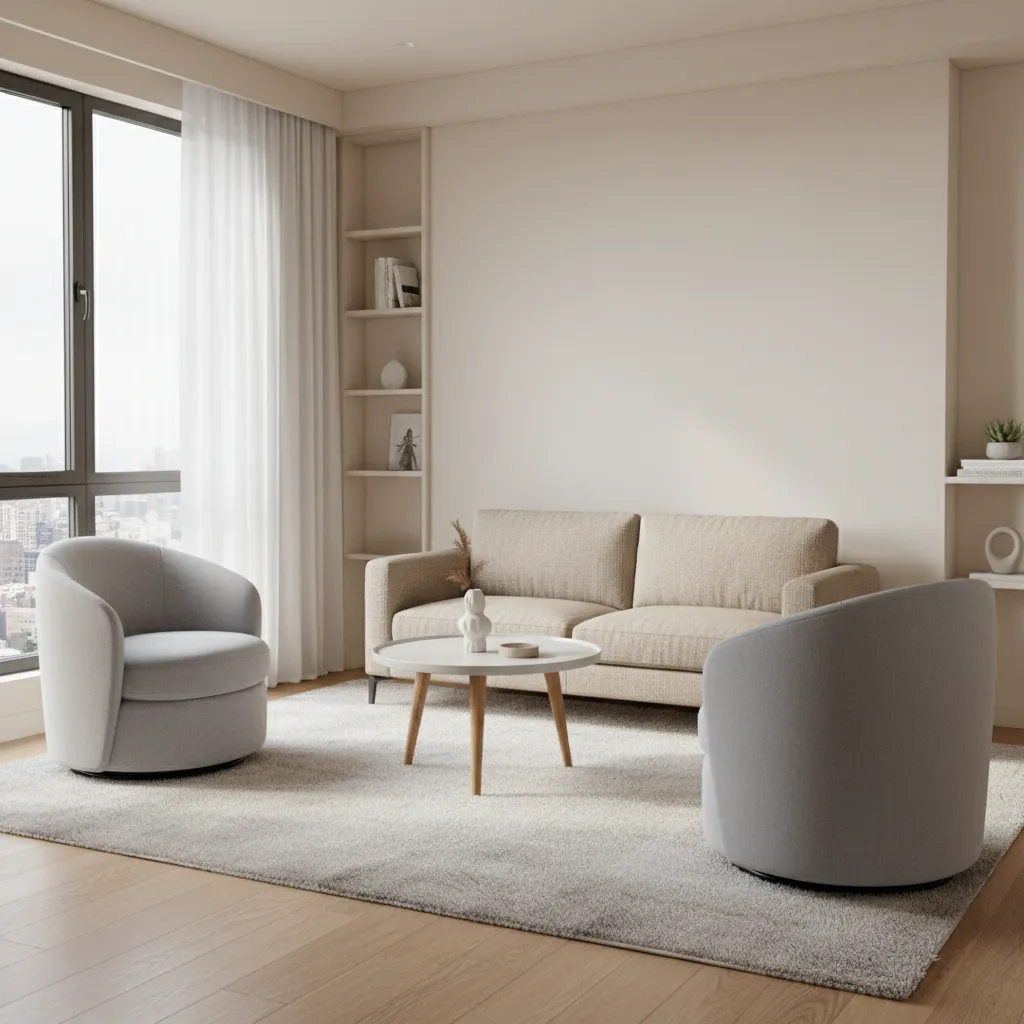 Small apartment living room with two swivel chairs and a sofa arranged around a coffee table