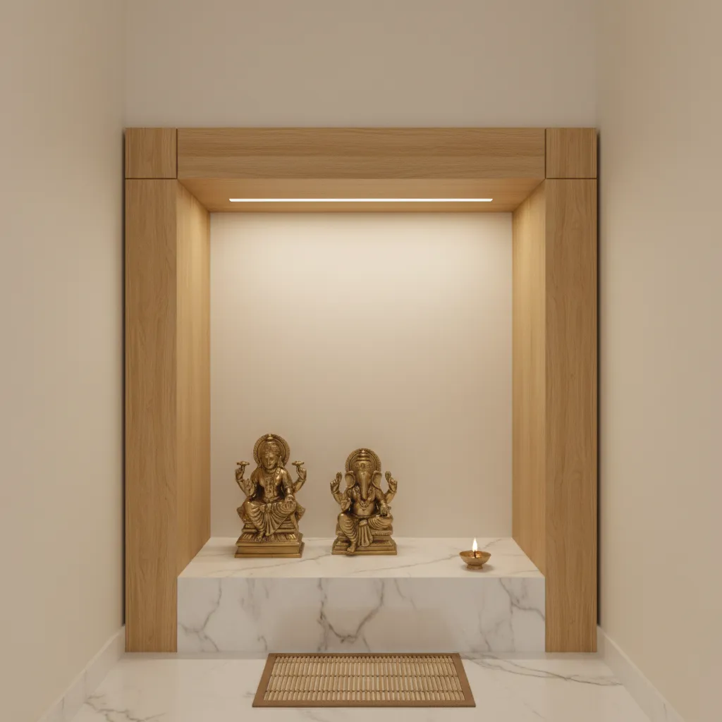 Compact apartment temple niche with cream walls wood frame and warm lighting