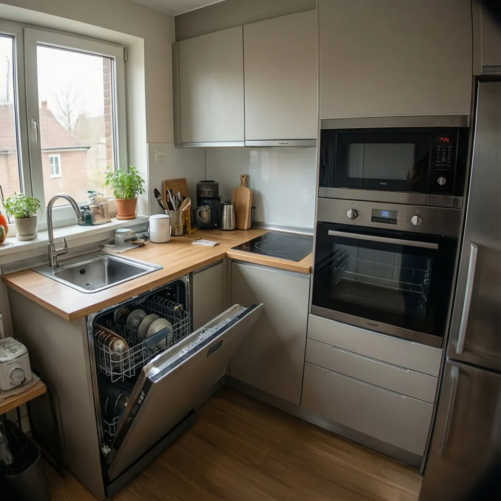 Electrodomésticos compactos instalados en una cocina pequeña moderna